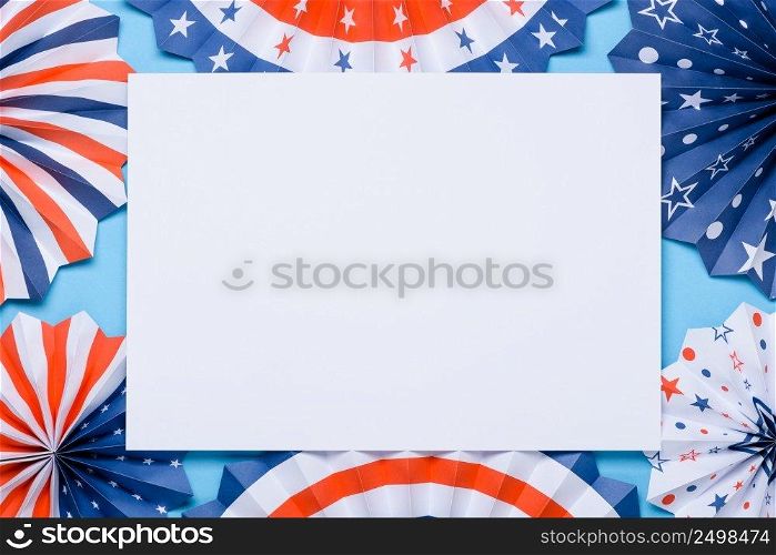4th of July holiday banner design. USA flag color theme paper fans template. Independence Day lanterns.
