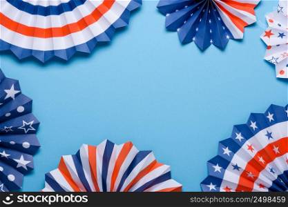 4th of July holiday banner design. USA theme paper fans on blue background. Independence Day lanterns template.