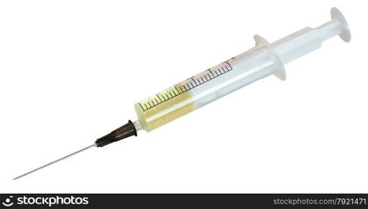 5 ml syringe filled with yellow infusion isolated on white background