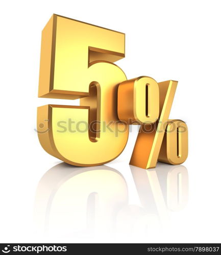 5 percent off. Gold metal letters on reflective floor. White background. Discount 3d render