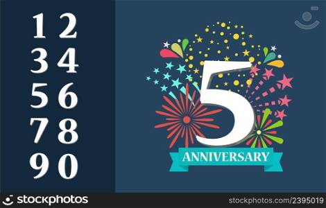 5 year anniversary banner with numbers Template first birthday celebration and abstract text on purple background vector illustration. 5 year anniversary banner with numbers. Template first birthday celebration and abstract text on purple background illustration