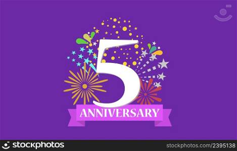 5 year anniversary banner with open burst gift box. Template first birthday celebration and abstract text on purple background vector illustration. 5 year anniversary banner with open burst gift box. Template first birthday celebration and abstract text on purple background illustration