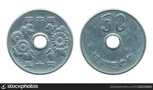 50 japanese yen coin isolated on white with clipping path
