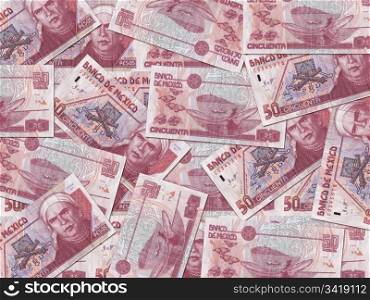 50 Mexican Peso bills scattered randomly all over.