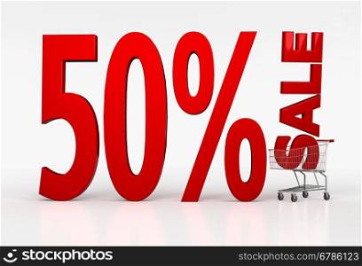 50% off discount. 3d red letters lying in shopping cart. 3D render