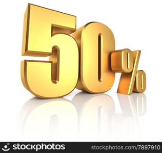 50 percent on white background. 3d rendering gold metal discount