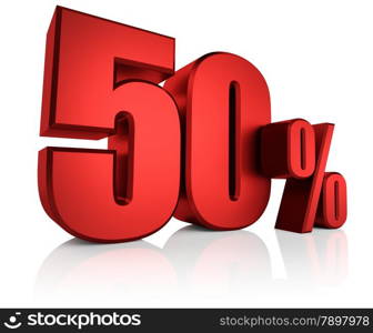 50 percent on white background. 3d rendering red discount