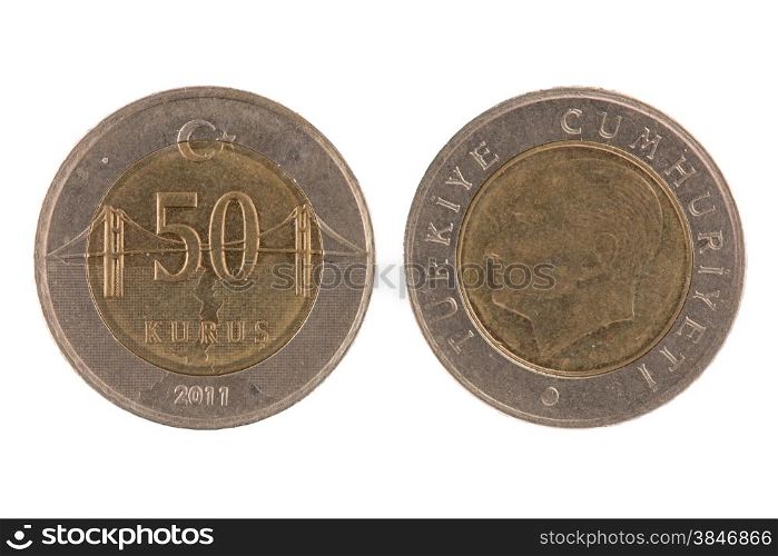 50 turkish kurus coin isolated on white background.