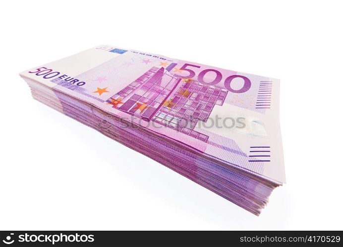 ? 500 banknotes are a lot of money on a pile. isolated on white background.