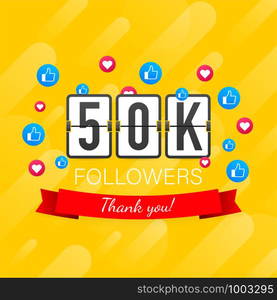 50k followers, Thank You, social sites post. Thank you followers congratulation card. Vector stock illustration.. 50k followers, Thank You, social sites post. Thank you followers congratulation card. Vector stock illustration