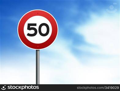 50kmh speed restriction road sign on cloud background.