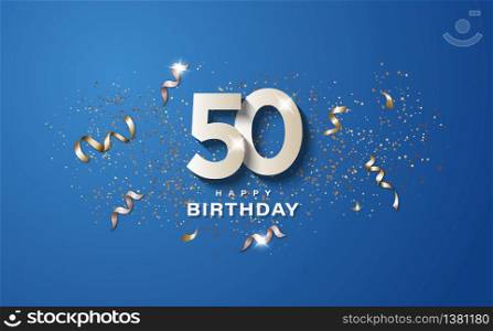 50th birthday with white numbers on a blue background. Happy birthday banner concept event decoration. Illustration stock
