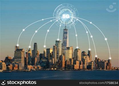 5G Connection Technology over Top view building of New York City cityscape,wireless technology and centralized management, network connection and global communications with smart city concept