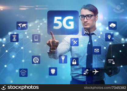 5g internet concept with businessman pressing buttons