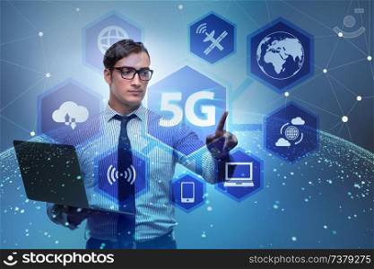 5g internet concept with businessman pressing buttons