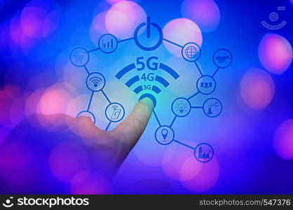 5g internet concept with businessman pressing buttons . BACKGROUND