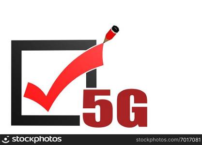 5G word with check mark and pencil, 3D rendering