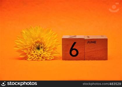 6 June on wooden blocks with a yellow daisy on an orange background