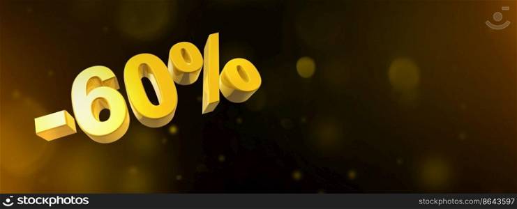 60% off discount. Offer sale. 3D illustration isolated on black. Horizontal banner. Gold numbers and flares. 60% off discount offer. 3D illustration isolated on black. Horizontal banner
