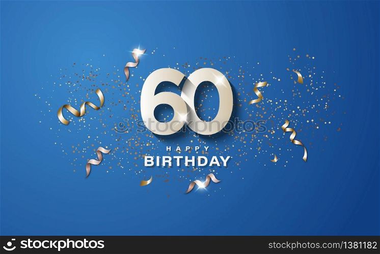 60th birthday with white numbers on a blue background. Happy birthday banner concept event decoration. Illustration stock