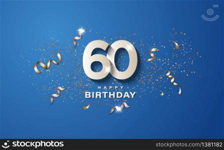 60th birthday with white numbers on a blue background. Happy birthday banner concept event decoration. Illustration stock