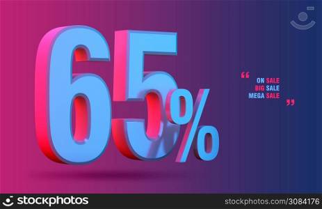 65% of sale discount 3D icon on colorful background
