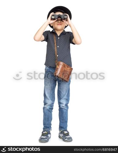 7 years old Asian traveler boy is using binoculars isolated over white
