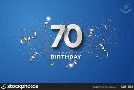 70th birthday with white numbers on a blue background. Happy birthday banner concept event decoration. Illustration stock