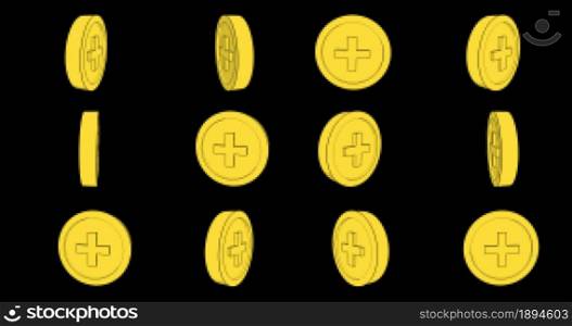 8 bit coins spinning around seamless animation. Gold monetary symbol with cross sign rotating overlay footage. Healthcare industry concept video. Banking system, increasing savings and income idea. 8 bit coins spinning around seamless animation