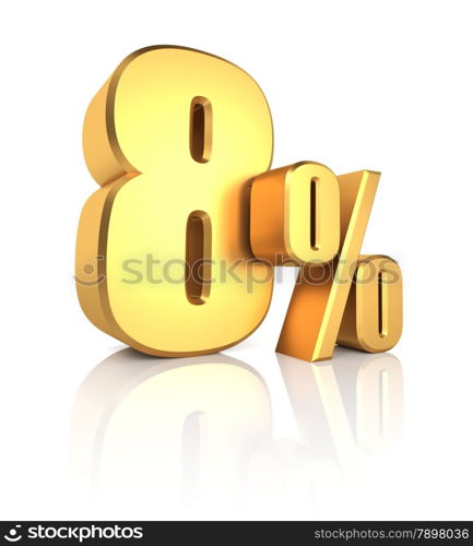 8 percent off. Gold metal letters on reflective floor. White background. Discount 3d render