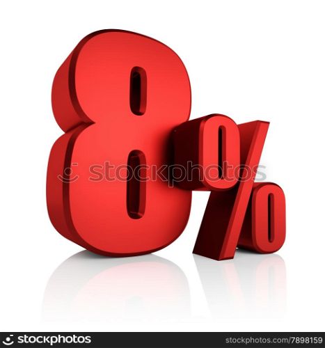 8 percent on white background. 3d render red discount