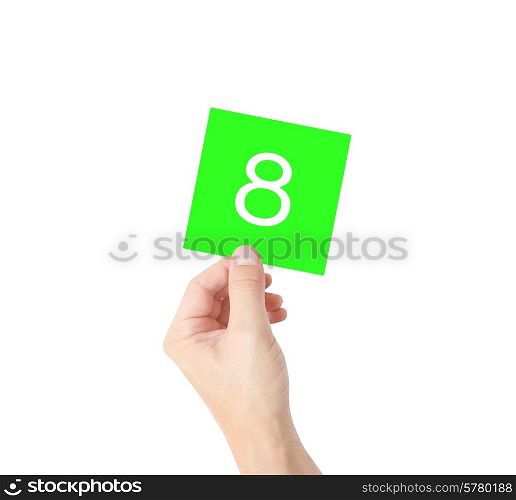 8 written on a card held by a hand