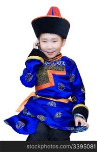 8 year old Buryat (Mongolian) boy speaks over mobile phone