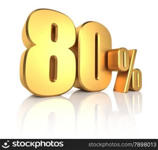 80 percent on white background. 3d render gold metal discount