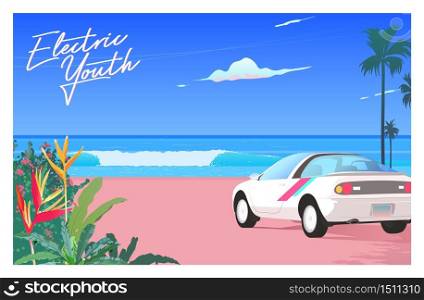 80&rsquo;s - 90&rsquo;s style beach paradise and car in 1990 style, nostalgic vaporwave illustration template.