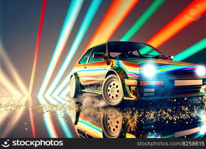 80s styled abstract retro car. Vintage automotive design in neon lights. Generated AI. 80s styled abstract retro car. Vintage automotive design in neon lights. Generated AI.