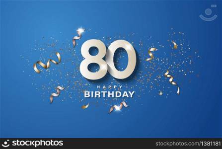 80th birthday with white numbers on a blue background. Happy birthday banner concept event decoration. Illustration stock