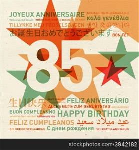 85th anniversary happy birthday from the world. Different languages celebration card. 85th anniversary happy birthday card from the world