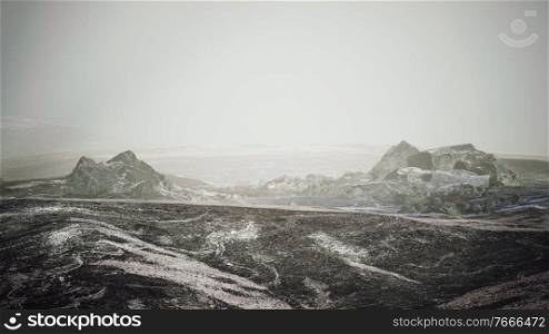 8K Antarctic mountains with snow in fog