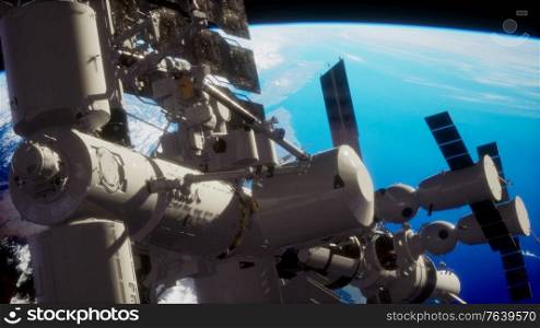 8K Earth and outer space station iss. Elements of this image furnished by NASA.. 8K Earth and outer space station iss