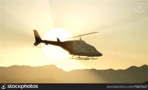 8K extreme slow motion flying helicopter and sunset sky