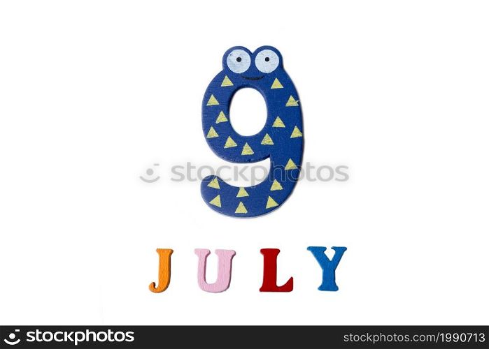 9 July. Image of July 9 on white background. Summer day. Blank space for text. 9 July. Image of July 9 on white background. Summer day.