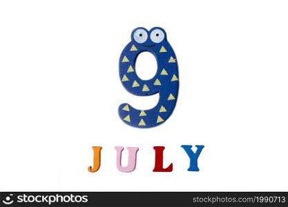 9 July. Image of July 9 on white background. Summer day. Blank space for text. 9 July. Image of July 9 on white background. Summer day.