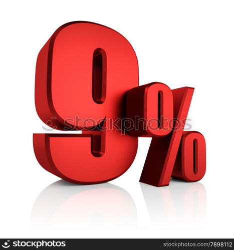 9 percent off on white background. 3d render red discount