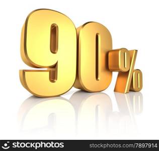 90 percent off on white background. 3d render gold metal discount