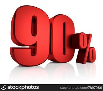 90 percent off on white background. 3d render red discount