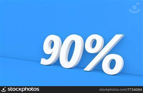 90 percent off sale. White numbers on a blue background. 3d render illustration. . 90 percent off sale. White numbers on a blue background. 