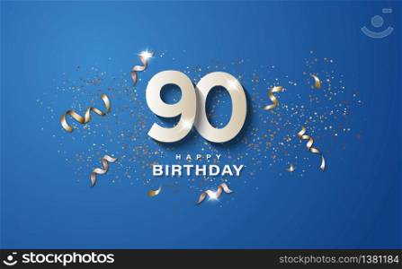 90th birthday with white numbers on a blue background. Happy birthday banner concept event decoration. Illustration stock