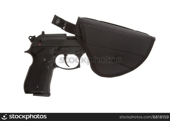 9mm Pistol in a flexible holster, isolated on White