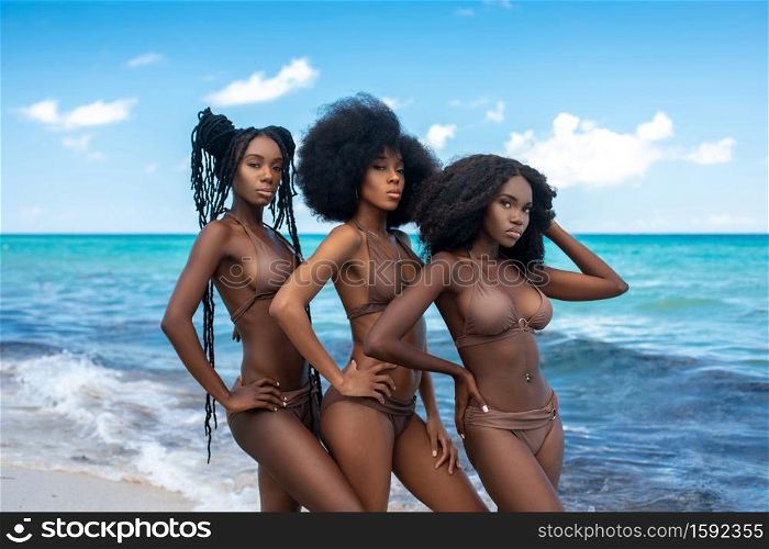 A 3/4 portrait of 3 sensual looking young attractive black females with gorgeous makeup and beautiful Black hair styles posing by themselves at the beach wearing brown bathing suits.